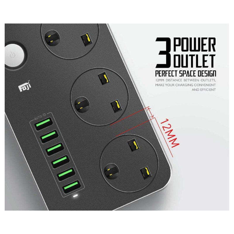 Foji extension,Power outlet with USB ports and charging stations on a white background