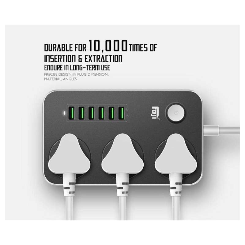 Foji extension,Black multi-port charging station with three white plugs on a white background