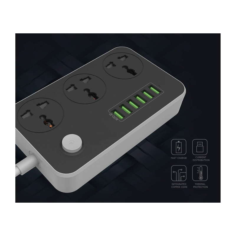 Foji extension,Power strip with multiple outlets and USB ports on a dark background
