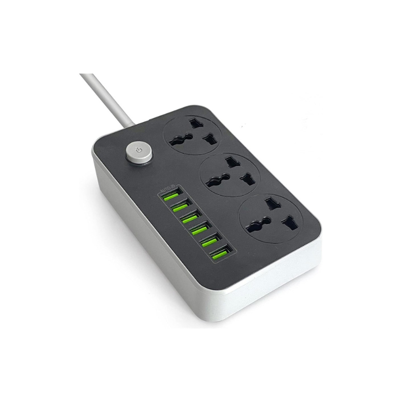 Foji extension ,Power strip with multiple outlets and USB ports on a white background