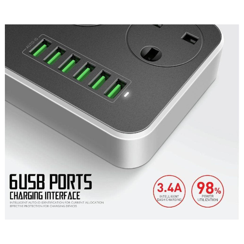 Foji extension,6 USB ports charging interface with power utilization stats on a white background