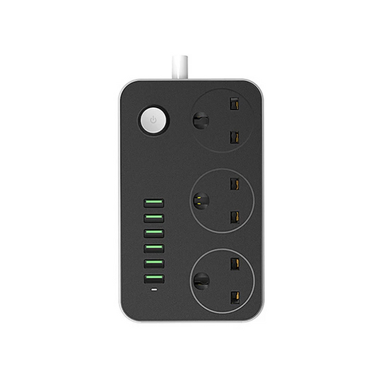 Foji extension,Black power strip with multiple sockets and USB ports on a white background