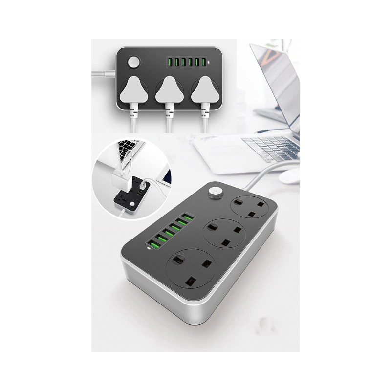 Foji extension,Power strip with multiple outlets and USB ports on a white background