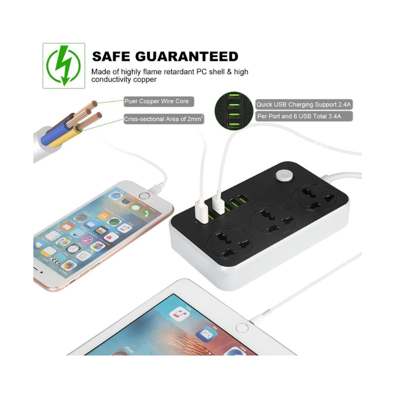 Foji extension,Power strip with multiple outlets and USB ports charging a smartphone and tablet, with safety features highlighted.