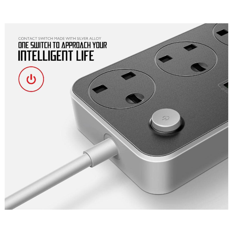 Foji extension, Foji extension,Smart power strip with cable on a white background, featuring text about its intelligent design.