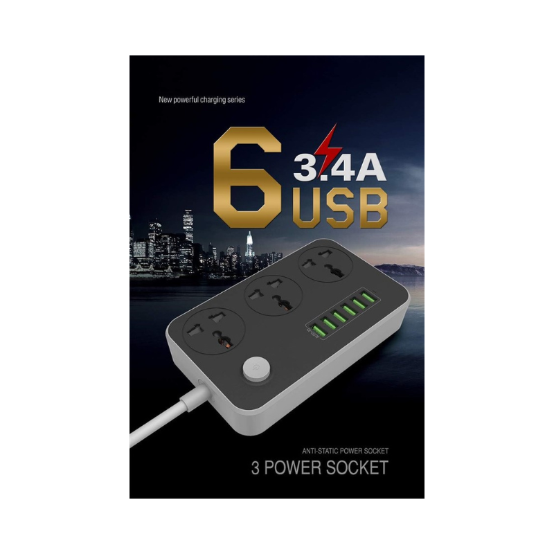 Foji extension,Power strip with multiple sockets and USB ports on a dark background